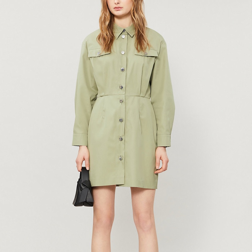 Sandro Liana Cotton Twill Mini Shirt Dress Sage Green 36